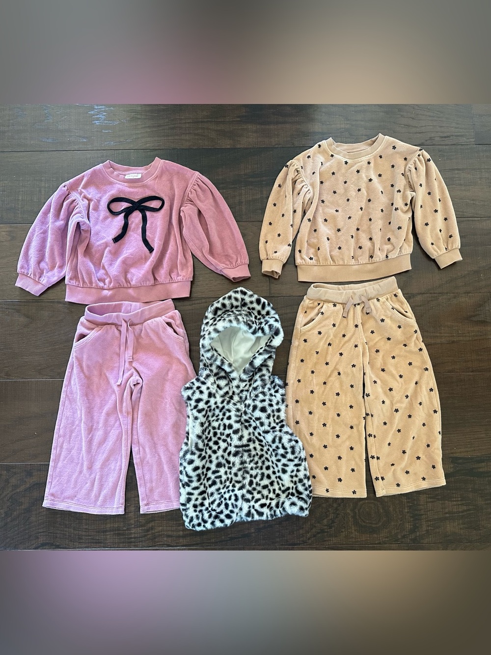 Two Cat & Jack velour sweatsuits and faux fur vest